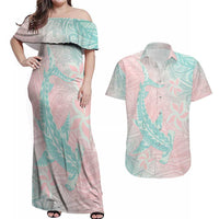 Baby Pink Gradient Polynesia Couples Matching Off Shoulder Maxi Dress and Hawaiian Shirt Hawaiian Tribal Hammerhead Shark Tattoo LT14 Baby Pink - Polynesian Pride