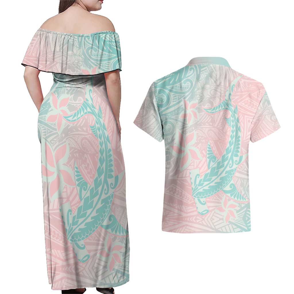 Baby Pink Gradient Polynesia Couples Matching Off Shoulder Maxi Dress and Hawaiian Shirt Hawaiian Tribal Hammerhead Shark Tattoo LT14 - Polynesian Pride