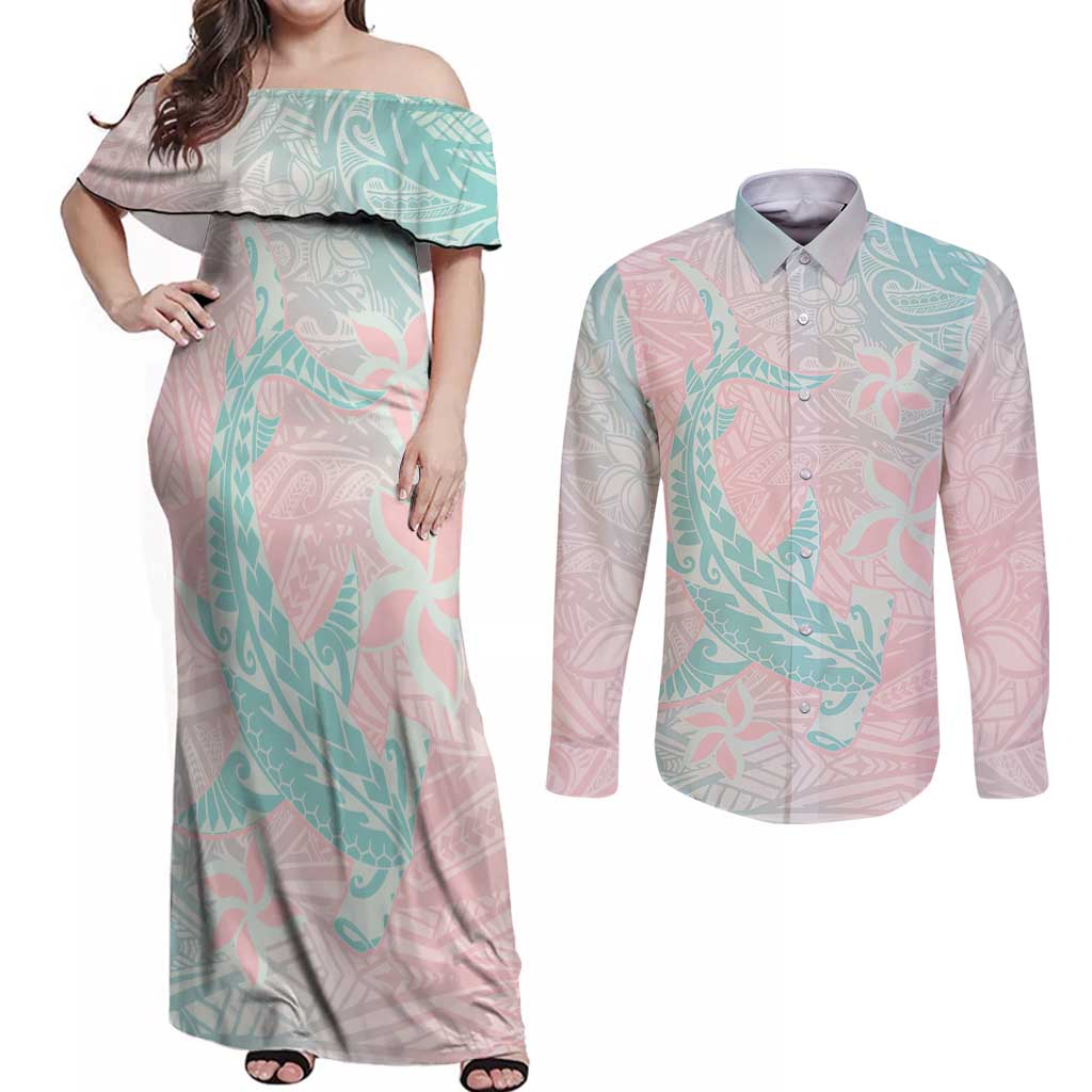 Baby Pink Gradient Polynesia Couples Matching Off Shoulder Maxi Dress and Long Sleeve Button Shirt Hawaiian Tribal Hammerhead Shark Tattoo LT14 Baby Pink - Polynesian Pride