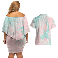 Baby Pink Gradient Polynesia Couples Matching Off Shoulder Short Dress and Hawaiian Shirt Hawaiian Tribal Hammerhead Shark Tattoo LT14 - Polynesian Pride