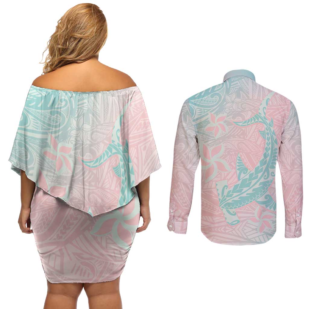 Baby Pink Gradient Polynesia Couples Matching Off Shoulder Short Dress and Long Sleeve Button Shirt Hawaiian Tribal Hammerhead Shark Tattoo LT14 - Polynesian Pride