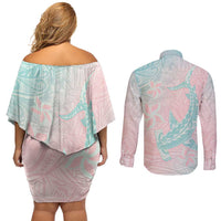 Baby Pink Gradient Polynesia Couples Matching Off Shoulder Short Dress and Long Sleeve Button Shirt Hawaiian Tribal Hammerhead Shark Tattoo LT14 - Polynesian Pride