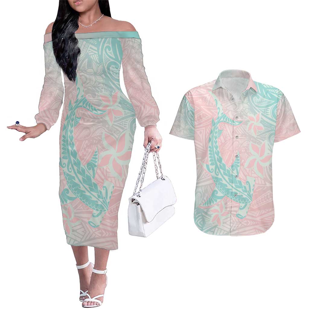 Baby Pink Gradient Polynesia Couples Matching Off The Shoulder Long Sleeve Dress and Hawaiian Shirt Hawaiian Tribal Hammerhead Shark Tattoo LT14 Baby Pink - Polynesian Pride
