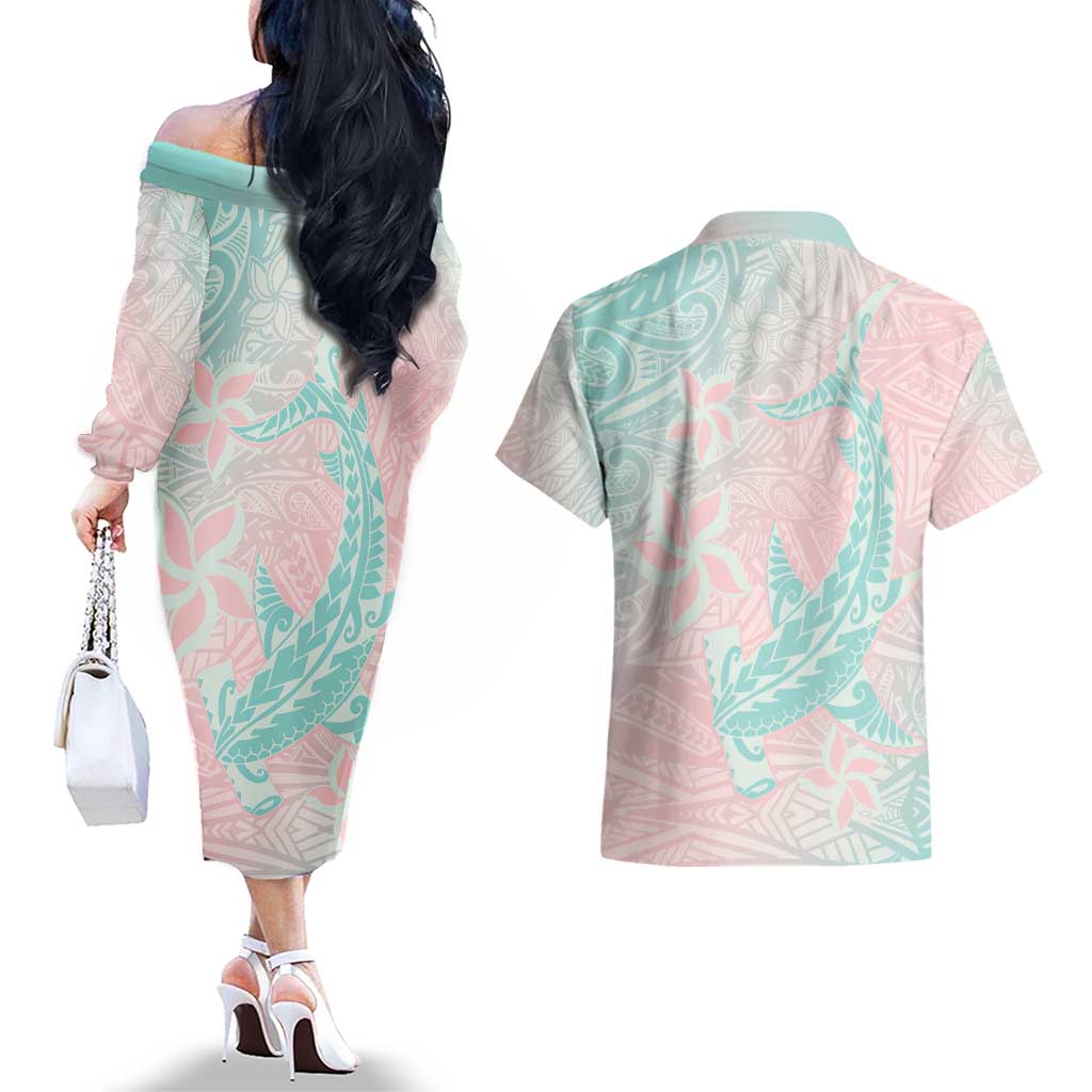 Baby Pink Gradient Polynesia Couples Matching Off The Shoulder Long Sleeve Dress and Hawaiian Shirt Hawaiian Tribal Hammerhead Shark Tattoo LT14 - Polynesian Pride