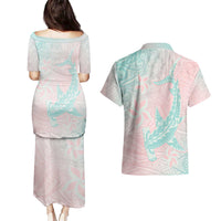 Baby Pink Gradient Polynesia Couples Matching Puletasi and Hawaiian Shirt Hawaiian Tribal Hammerhead Shark Tattoo LT14 - Polynesian Pride