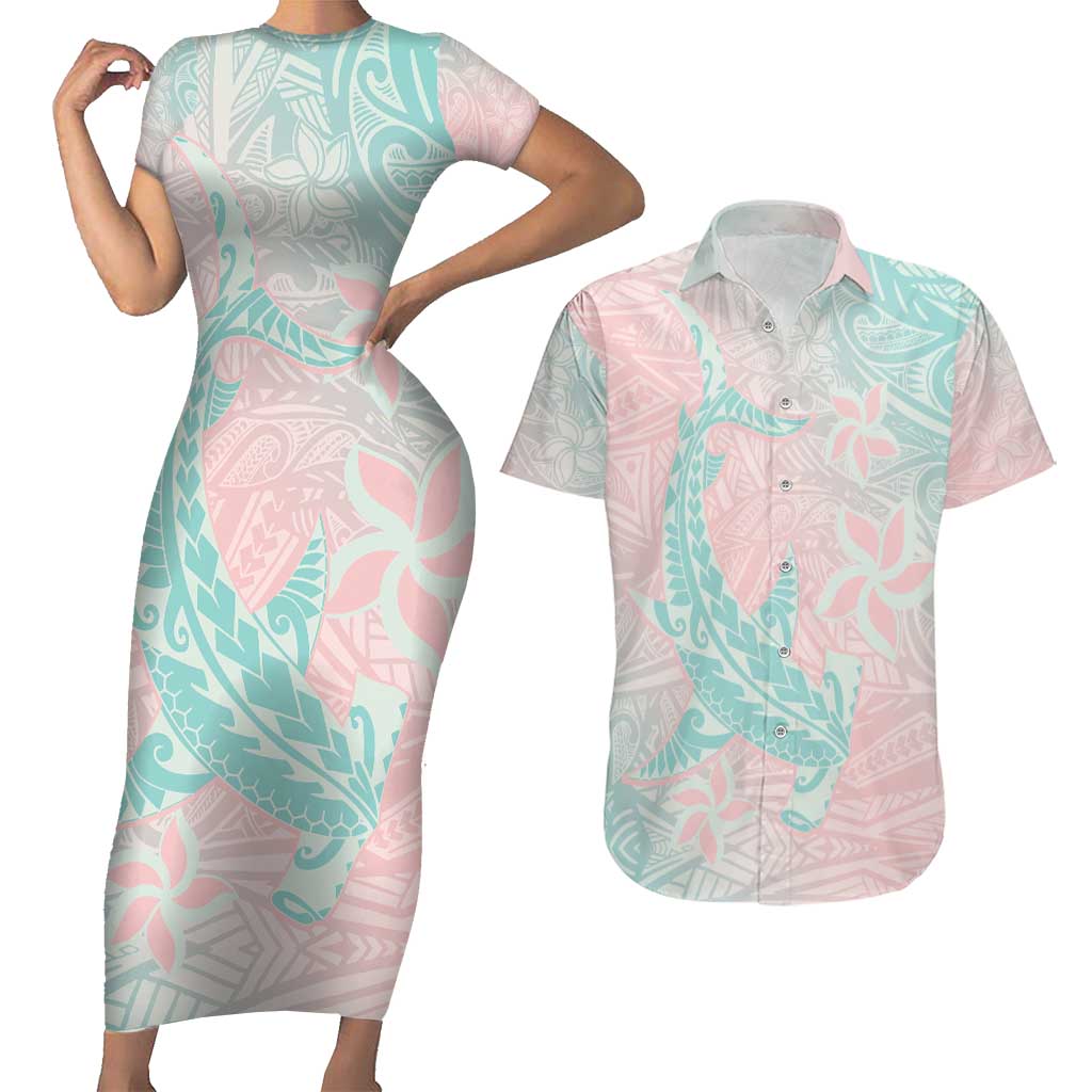Baby Pink Gradient Polynesia Couples Matching Short Sleeve Bodycon Dress and Hawaiian Shirt Hawaiian Tribal Hammerhead Shark Tattoo LT14 Baby Pink - Polynesian Pride