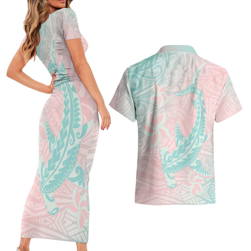 Baby Pink Gradient Polynesia Couples Matching Short Sleeve Bodycon Dress and Hawaiian Shirt Hawaiian Tribal Hammerhead Shark Tattoo LT14 - Polynesian Pride
