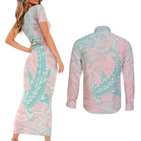 Baby Pink Gradient Polynesia Couples Matching Short Sleeve Bodycon Dress and Long Sleeve Button Shirt Hawaiian Tribal Hammerhead Shark Tattoo LT14 - Polynesian Pride