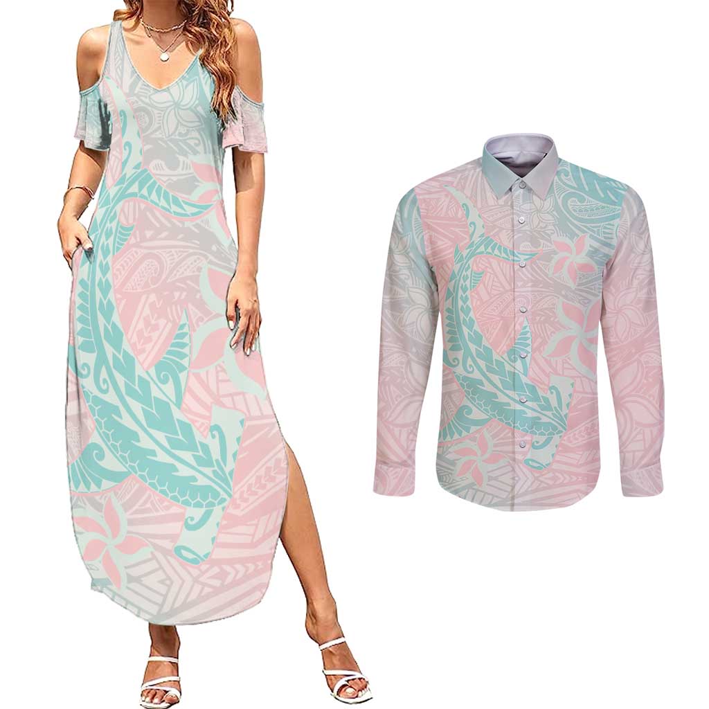 Baby Pink Gradient Polynesia Couples Matching Summer Maxi Dress and Long Sleeve Button Shirt Hawaiian Tribal Hammerhead Shark Tattoo LT14 Baby Pink - Polynesian Pride