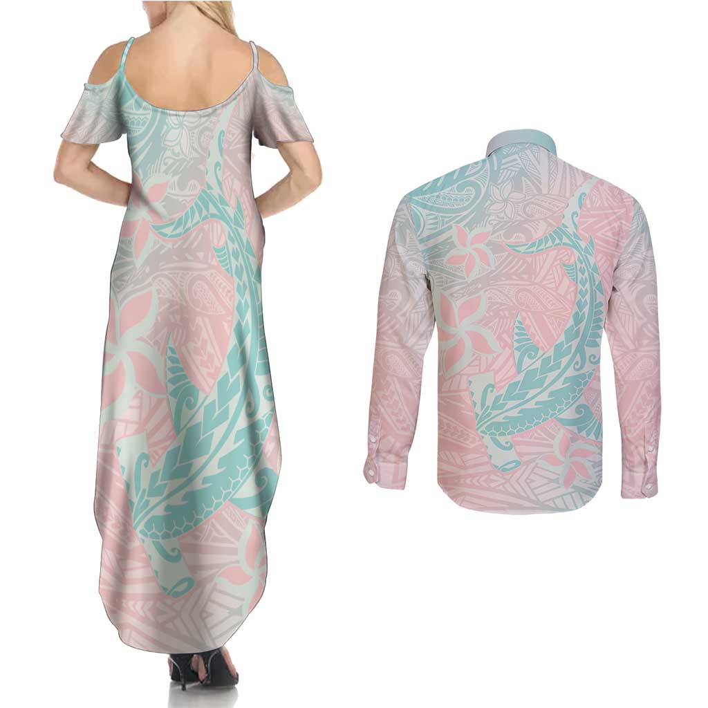 Baby Pink Gradient Polynesia Couples Matching Summer Maxi Dress and Long Sleeve Button Shirt Hawaiian Tribal Hammerhead Shark Tattoo LT14 - Polynesian Pride