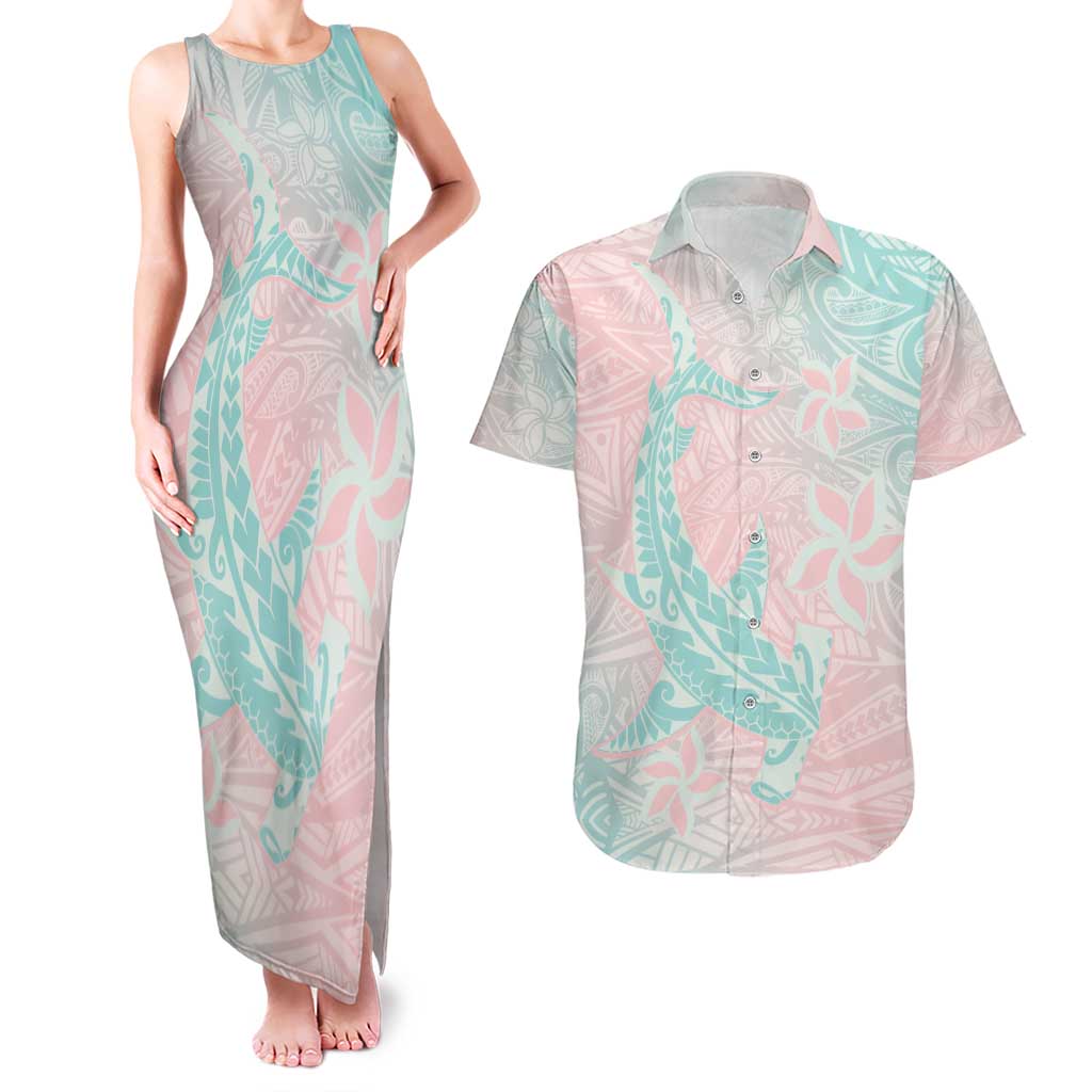 Baby Pink Gradient Polynesia Couples Matching Tank Maxi Dress and Hawaiian Shirt Hawaiian Tribal Hammerhead Shark Tattoo LT14 Baby Pink - Polynesian Pride