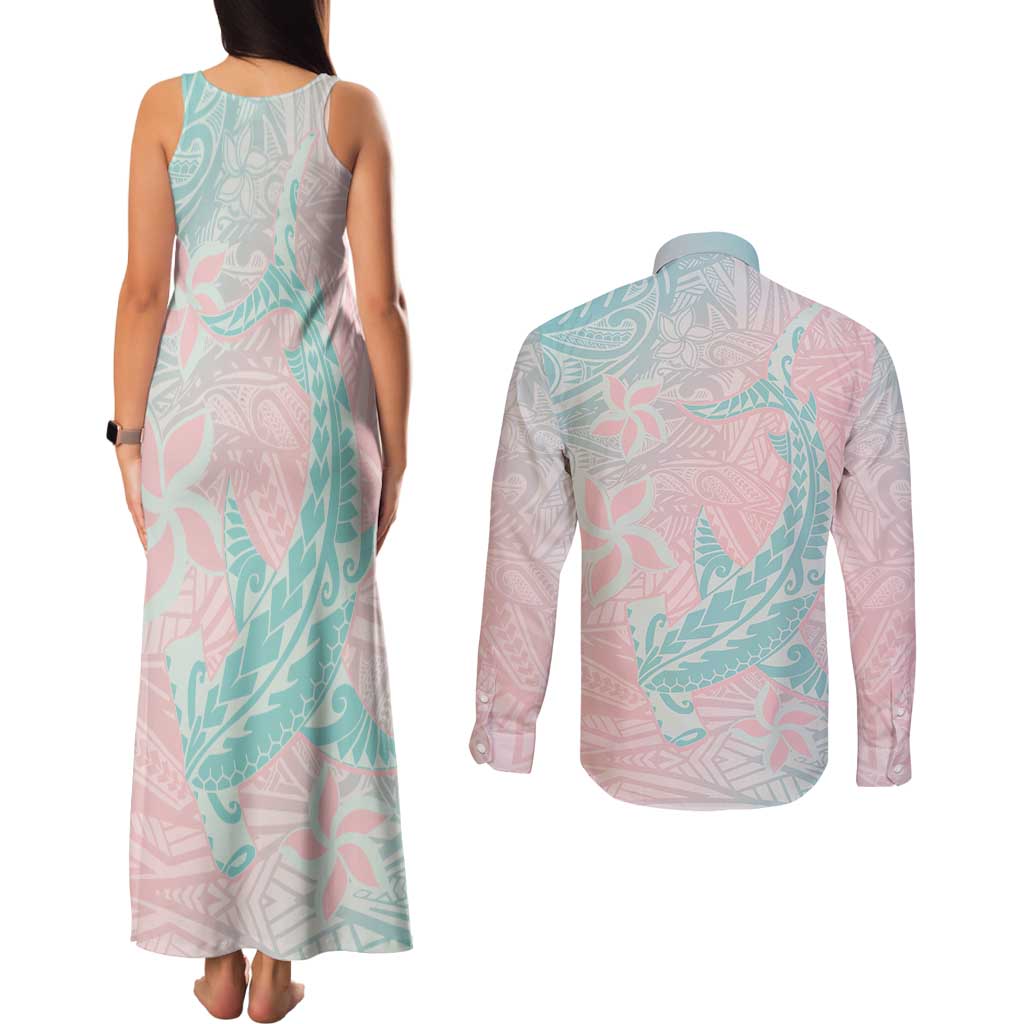 Baby Pink Gradient Polynesia Couples Matching Tank Maxi Dress and Long Sleeve Button Shirt Hawaiian Tribal Hammerhead Shark Tattoo LT14 - Polynesian Pride