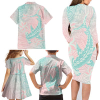 Baby Pink Gradient Polynesia Family Matching Long Sleeve Bodycon Dress and Hawaiian Shirt Hawaiian Tribal Hammerhead Shark Tattoo LT14 - Polynesian Pride