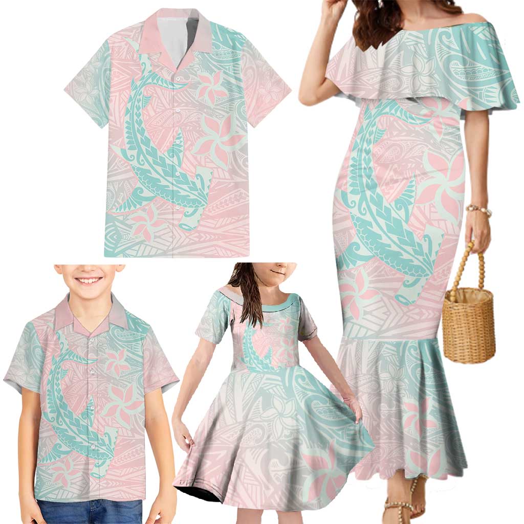 Baby Pink Gradient Polynesia Family Matching Mermaid Dress and Hawaiian Shirt Hawaiian Tribal Hammerhead Shark Tattoo LT14 - Polynesian Pride