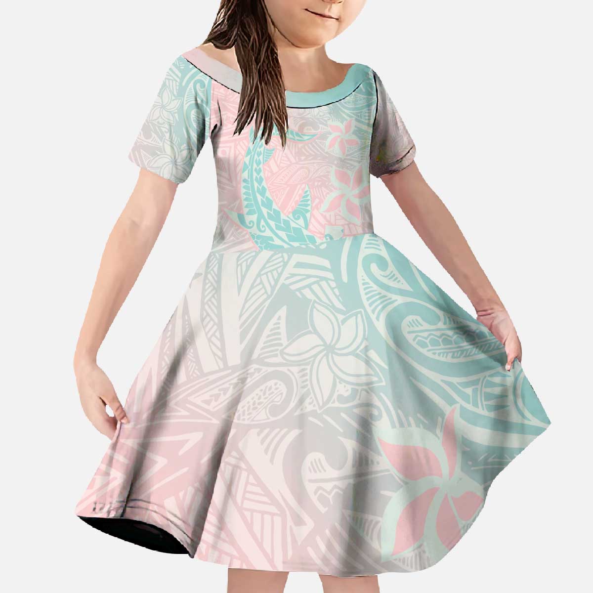 Baby Pink Gradient Polynesia Family Matching Off The Shoulder Long Sleeve Dress and Hawaiian Shirt Hawaiian Tribal Hammerhead Shark Tattoo LT14 Daughter's Dress Baby Pink - Polynesian Pride