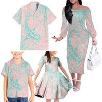 Baby Pink Gradient Polynesia Family Matching Off The Shoulder Long Sleeve Dress and Hawaiian Shirt Hawaiian Tribal Hammerhead Shark Tattoo LT14 - Polynesian Pride