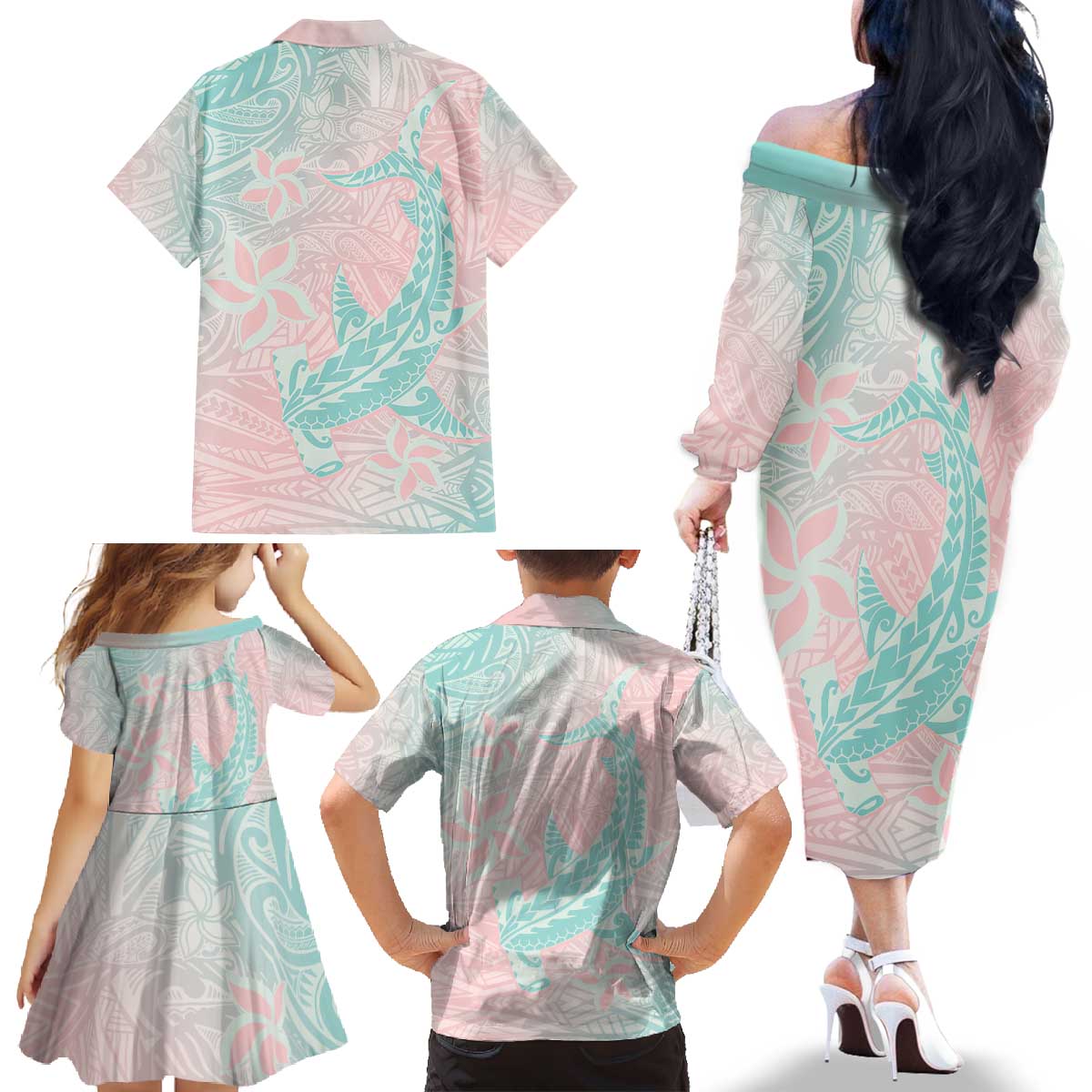 Baby Pink Gradient Polynesia Family Matching Off The Shoulder Long Sleeve Dress and Hawaiian Shirt Hawaiian Tribal Hammerhead Shark Tattoo LT14 - Polynesian Pride