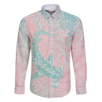 Baby Pink Gradient Polynesia Family Matching Off The Shoulder Long Sleeve Dress and Hawaiian Shirt Hawaiian Tribal Hammerhead Shark Tattoo LT14 Dad's Shirt - Long Sleeve Baby Pink - Polynesian Pride