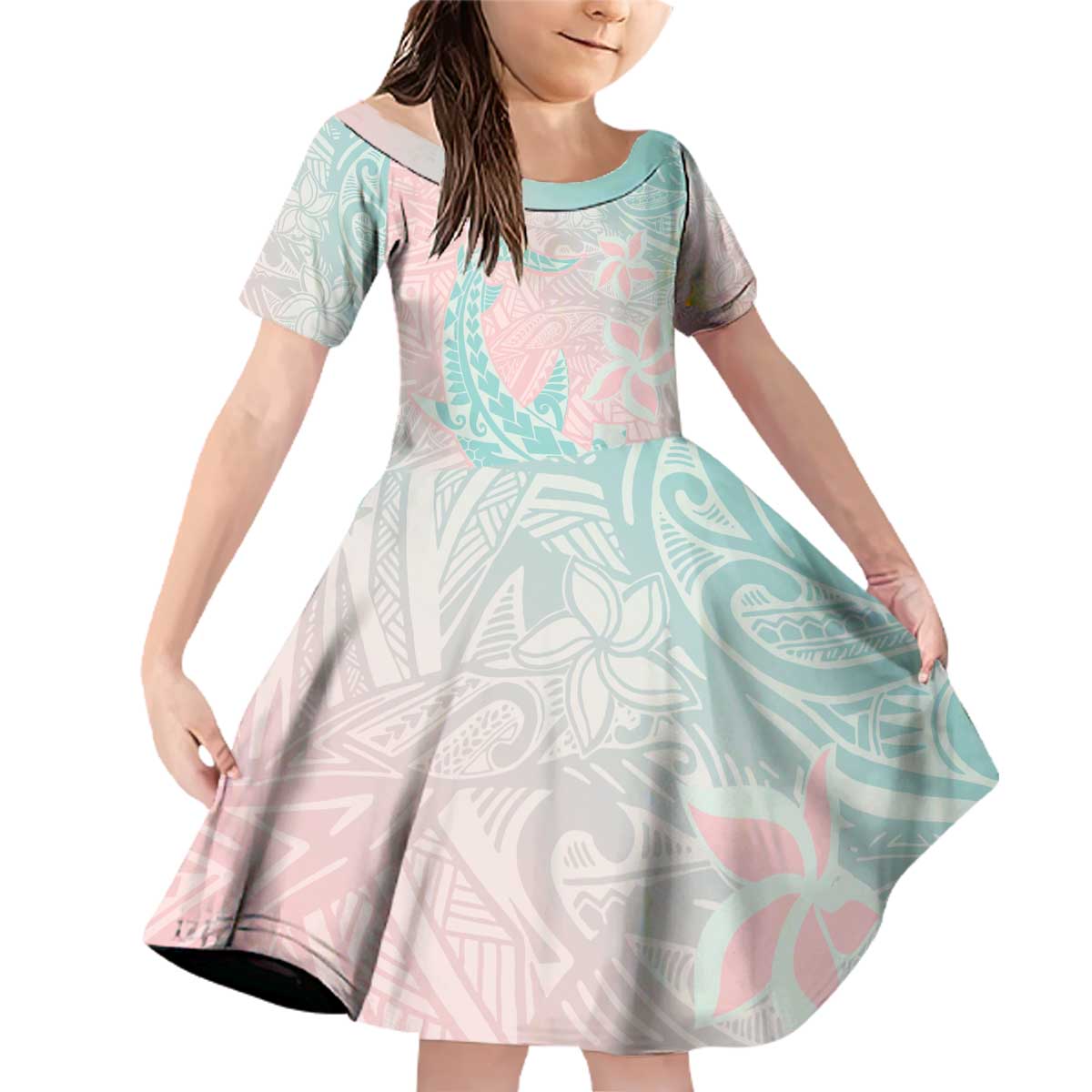 Baby Pink Gradient Polynesia Family Matching Off Shoulder Short Dress and Hawaiian Shirt Hawaiian Tribal Hammerhead Shark Tattoo LT14 Daughter's Dress Baby Pink - Polynesian Pride