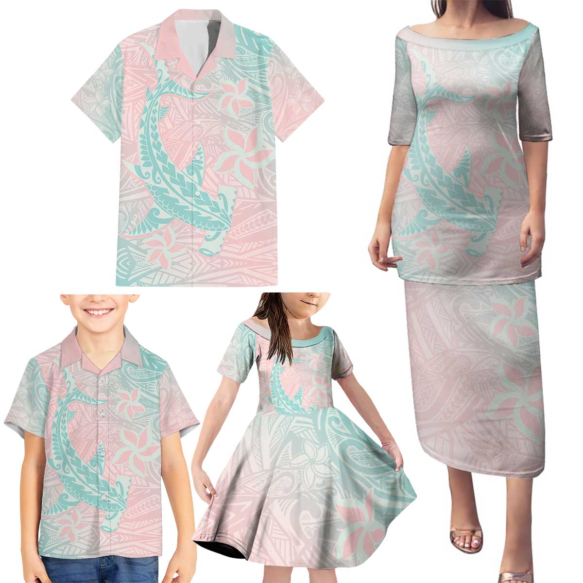 Baby Pink Gradient Polynesia Family Matching Puletasi and Hawaiian Shirt Hawaiian Tribal Hammerhead Shark Tattoo LT14 - Polynesian Pride