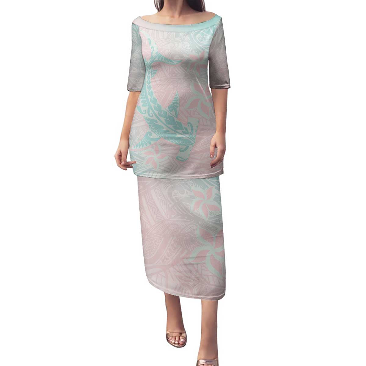 Baby Pink Gradient Polynesia Family Matching Puletasi and Hawaiian Shirt Hawaiian Tribal Hammerhead Shark Tattoo LT14 Mom's Dress Baby Pink - Polynesian Pride