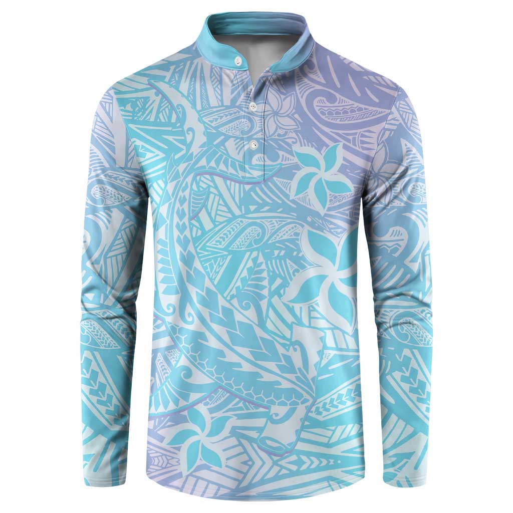 Baby Blue Gradient Polynesia Button Sweatshirt Hawaiian Tribal Hammerhead Shark Tattoo