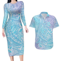 Baby Blue Gradient Polynesia Couples Matching Long Sleeve Bodycon Dress and Hawaiian Shirt Hawaiian Tribal Hammerhead Shark Tattoo LT14 Baby Blue - Polynesian Pride