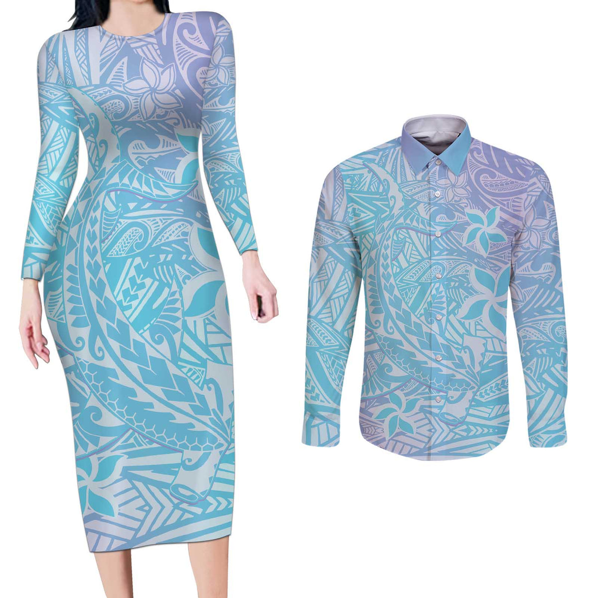 Baby Blue Gradient Polynesia Couples Matching Long Sleeve Bodycon Dress and Long Sleeve Button Shirt Hawaiian Tribal Hammerhead Shark Tattoo LT14 Baby Blue - Polynesian Pride