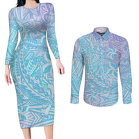 Baby Blue Gradient Polynesia Couples Matching Long Sleeve Bodycon Dress and Long Sleeve Button Shirt Hawaiian Tribal Hammerhead Shark Tattoo LT14 Baby Blue - Polynesian Pride