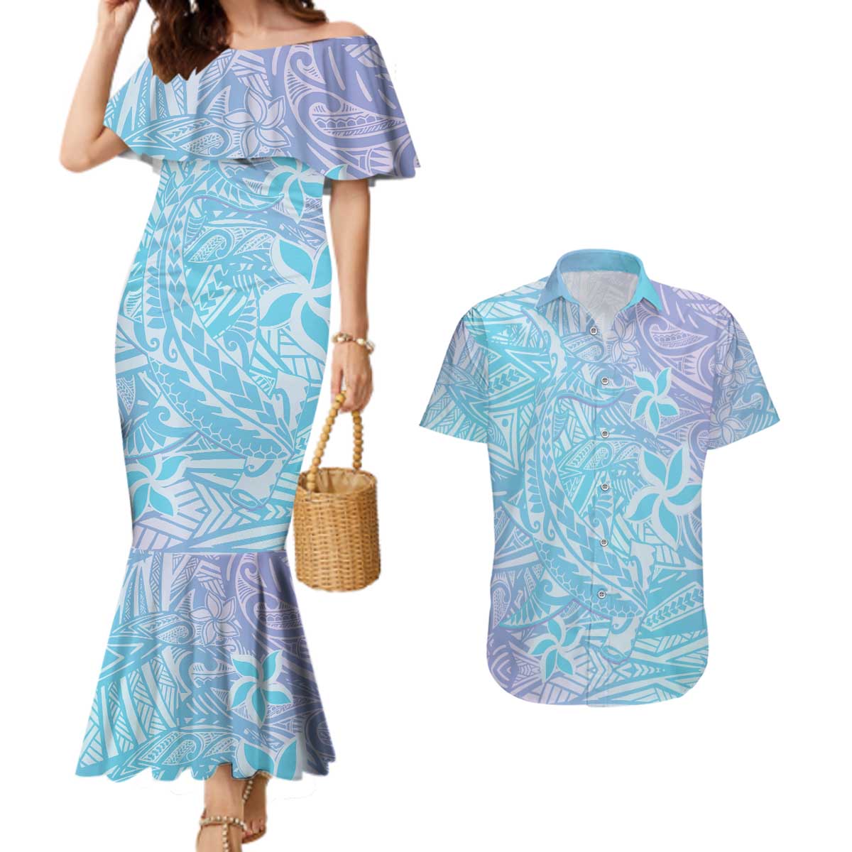 Baby Blue Gradient Polynesia Couples Matching Mermaid Dress and Hawaiian Shirt Hawaiian Tribal Hammerhead Shark Tattoo LT14 Baby Blue - Polynesian Pride