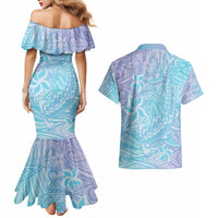 Baby Blue Gradient Polynesia Couples Matching Mermaid Dress and Hawaiian Shirt Hawaiian Tribal Hammerhead Shark Tattoo LT14 - Polynesian Pride