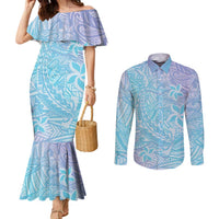 Baby Blue Gradient Polynesia Couples Matching Mermaid Dress and Long Sleeve Button Shirt Hawaiian Tribal Hammerhead Shark Tattoo LT14 Baby Blue - Polynesian Pride