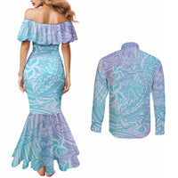 Baby Blue Gradient Polynesia Couples Matching Mermaid Dress and Long Sleeve Button Shirt Hawaiian Tribal Hammerhead Shark Tattoo LT14 - Polynesian Pride