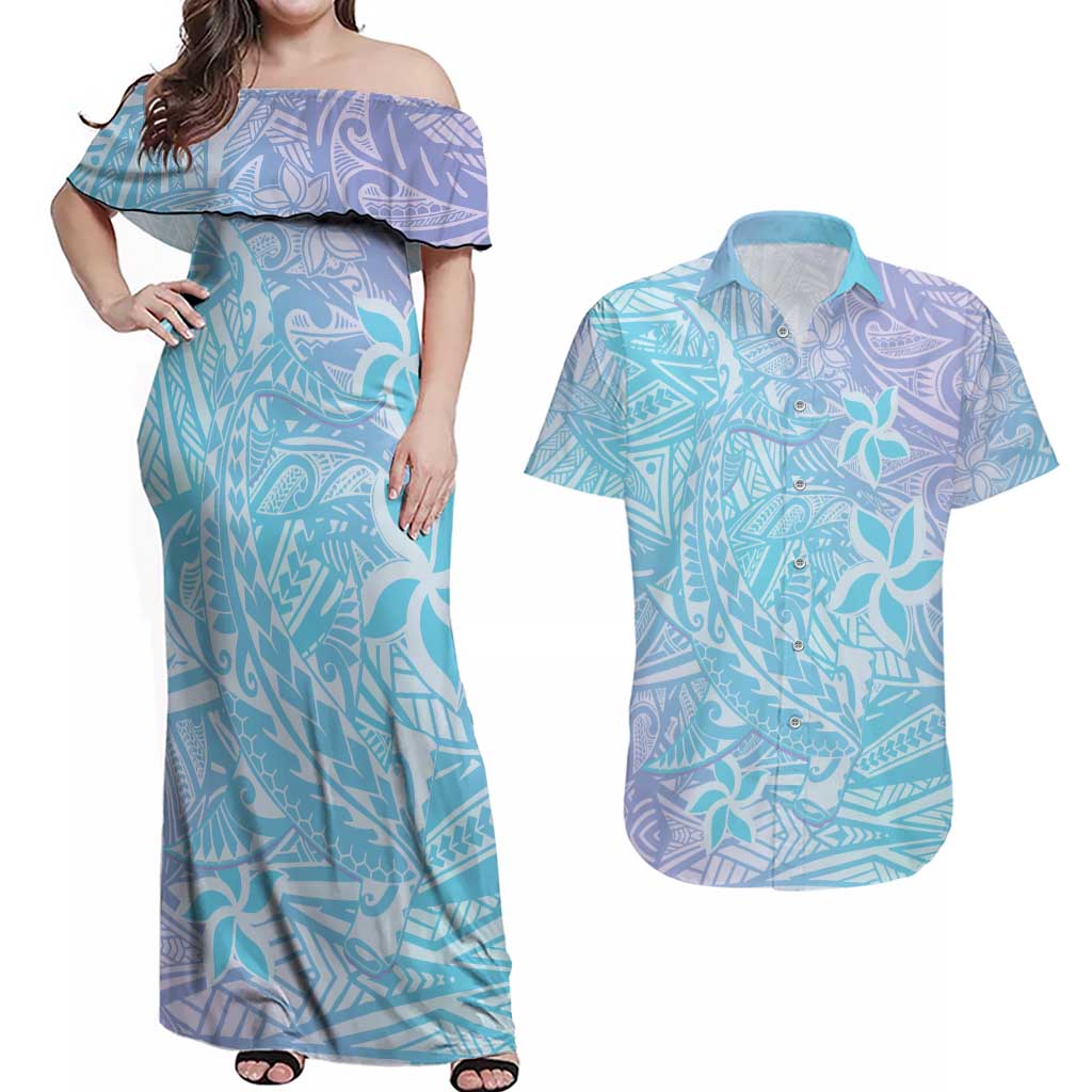 Baby Blue Gradient Polynesia Couples Matching Off Shoulder Maxi Dress and Hawaiian Shirt Hawaiian Tribal Hammerhead Shark Tattoo LT14 Baby Blue - Polynesian Pride