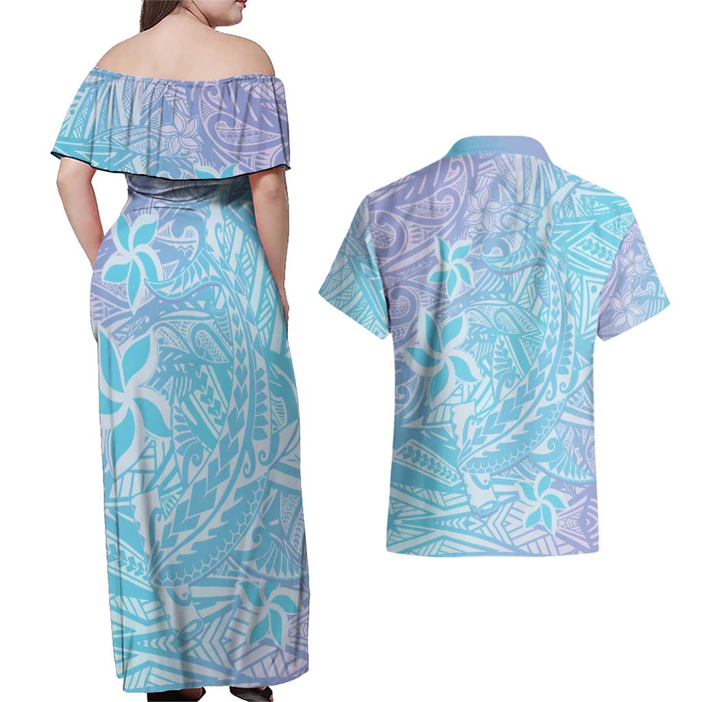 Baby Blue Gradient Polynesia Couples Matching Off Shoulder Maxi Dress and Hawaiian Shirt Hawaiian Tribal Hammerhead Shark Tattoo LT14 - Polynesian Pride
