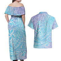 Baby Blue Gradient Polynesia Couples Matching Off Shoulder Maxi Dress and Hawaiian Shirt Hawaiian Tribal Hammerhead Shark Tattoo LT14 - Polynesian Pride