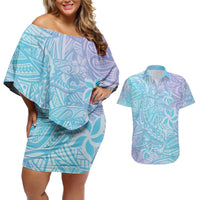 Baby Blue Gradient Polynesia Couples Matching Off Shoulder Short Dress and Hawaiian Shirt Hawaiian Tribal Hammerhead Shark Tattoo LT14 Baby Blue - Polynesian Pride