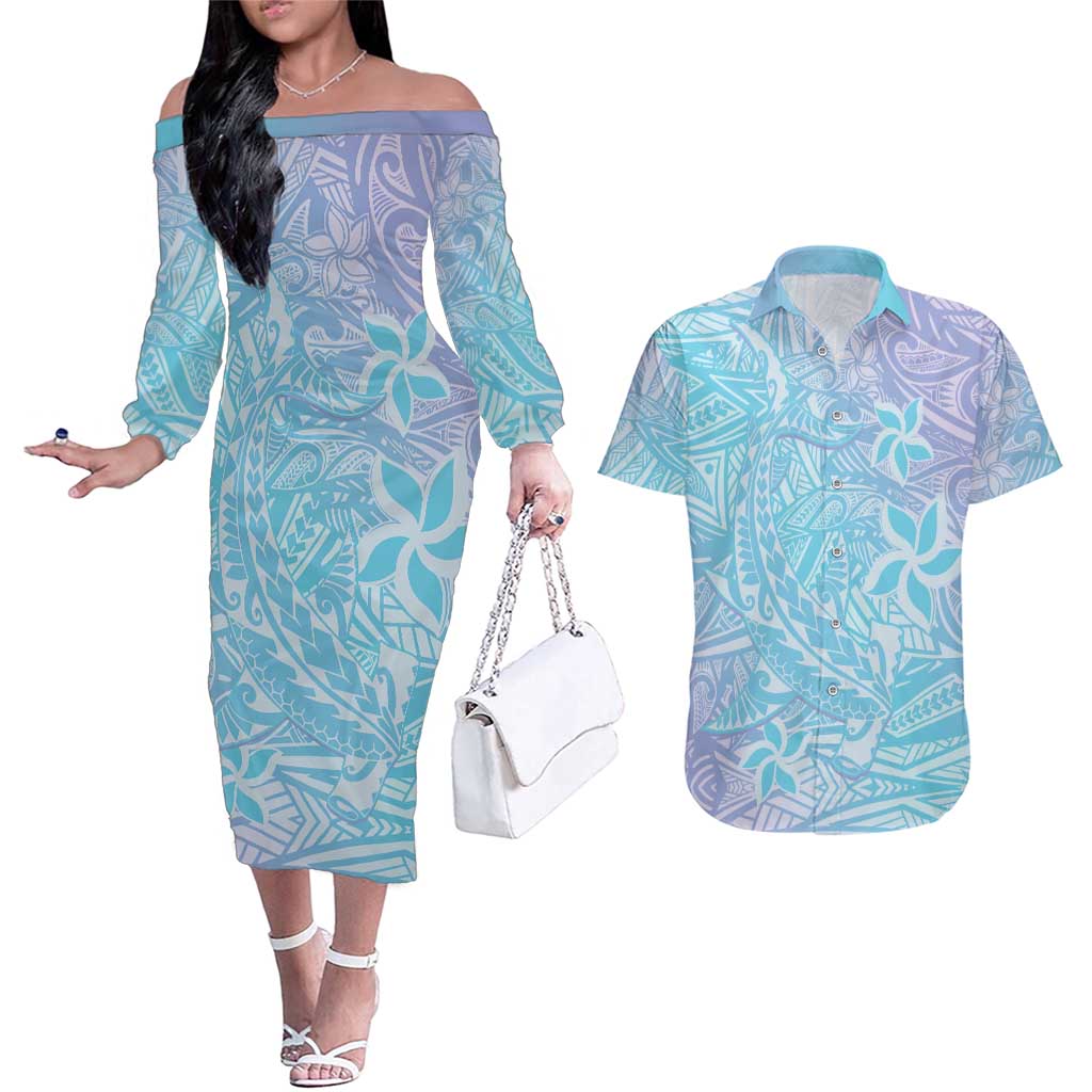 Baby Blue Gradient Polynesia Couples Matching Off The Shoulder Long Sleeve Dress and Hawaiian Shirt Hawaiian Tribal Hammerhead Shark Tattoo LT14 Baby Blue - Polynesian Pride