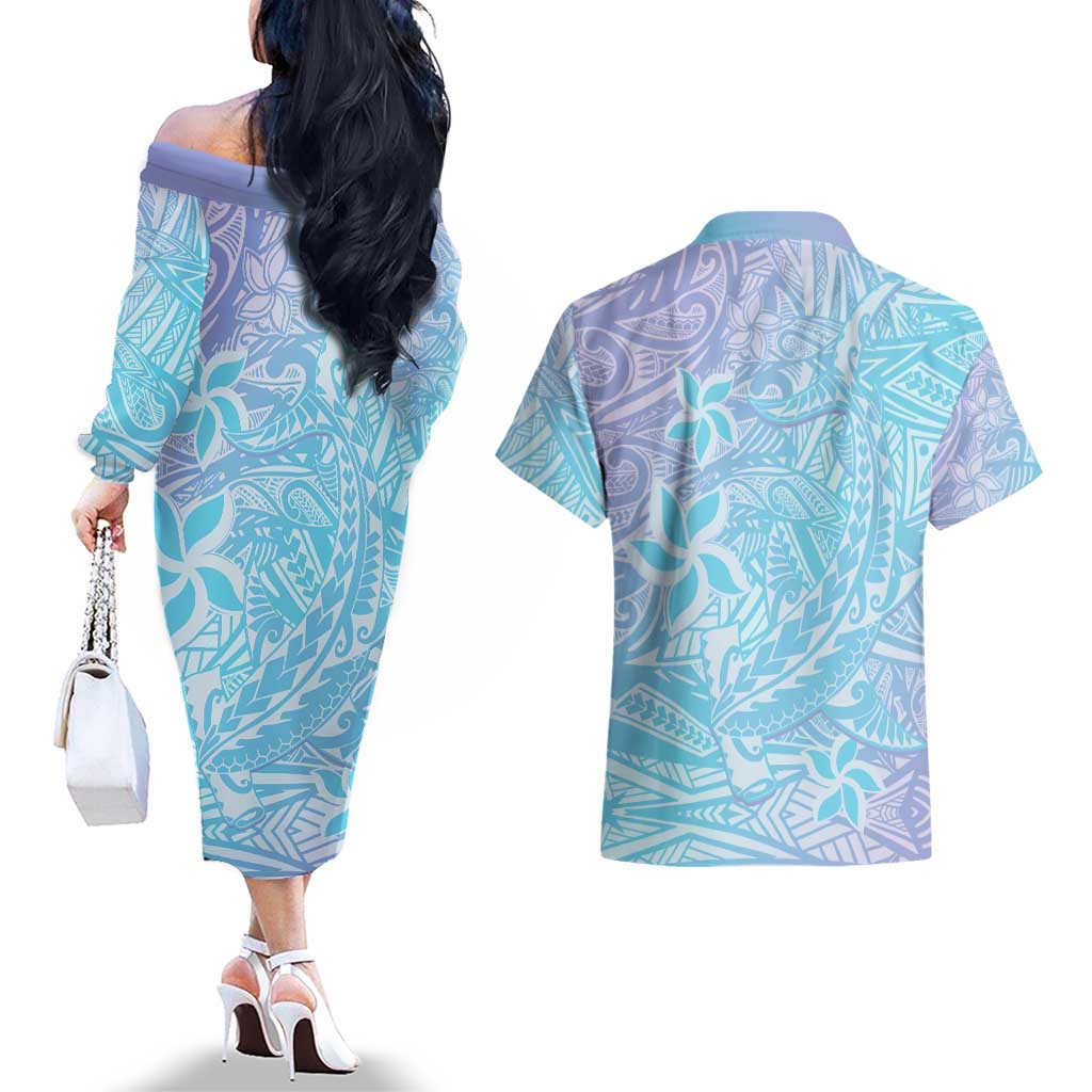 Baby Blue Gradient Polynesia Couples Matching Off The Shoulder Long Sleeve Dress and Hawaiian Shirt Hawaiian Tribal Hammerhead Shark Tattoo LT14 - Polynesian Pride