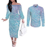 Baby Blue Gradient Polynesia Couples Matching Off The Shoulder Long Sleeve Dress and Long Sleeve Button Shirt Hawaiian Tribal Hammerhead Shark Tattoo LT14 Baby Blue - Polynesian Pride