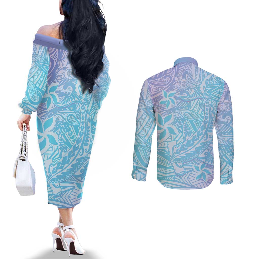Baby Blue Gradient Polynesia Couples Matching Off The Shoulder Long Sleeve Dress and Long Sleeve Button Shirt Hawaiian Tribal Hammerhead Shark Tattoo LT14 - Polynesian Pride