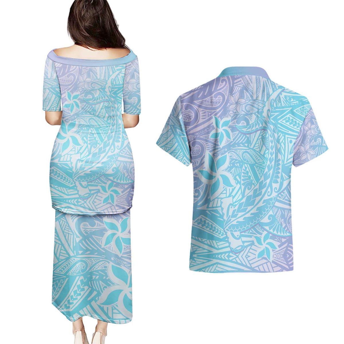 Baby Blue Gradient Polynesia Couples Matching Puletasi and Hawaiian Shirt Hawaiian Tribal Hammerhead Shark Tattoo