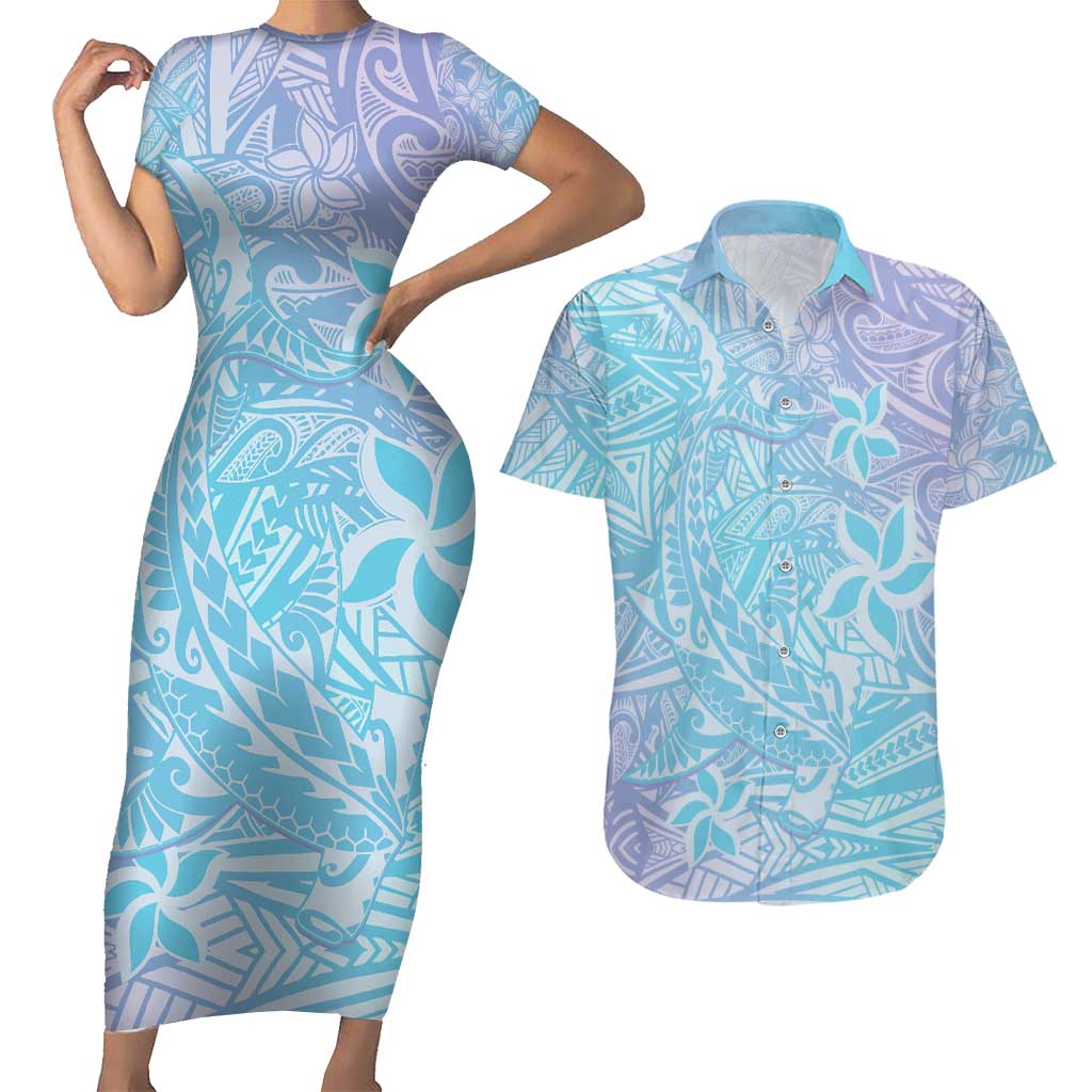Baby Blue Gradient Polynesia Couples Matching Short Sleeve Bodycon Dress and Hawaiian Shirt Hawaiian Tribal Hammerhead Shark Tattoo LT14 Baby Blue - Polynesian Pride