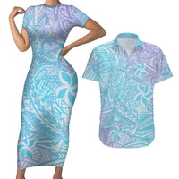 Baby Blue Gradient Polynesia Couples Matching Short Sleeve Bodycon Dress and Hawaiian Shirt Hawaiian Tribal Hammerhead Shark Tattoo LT14 Baby Blue - Polynesian Pride