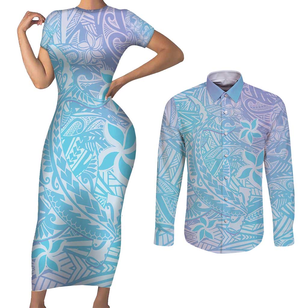 Baby Blue Gradient Polynesia Couples Matching Short Sleeve Bodycon Dress and Long Sleeve Button Shirt Hawaiian Tribal Hammerhead Shark Tattoo LT14 Baby Blue - Polynesian Pride