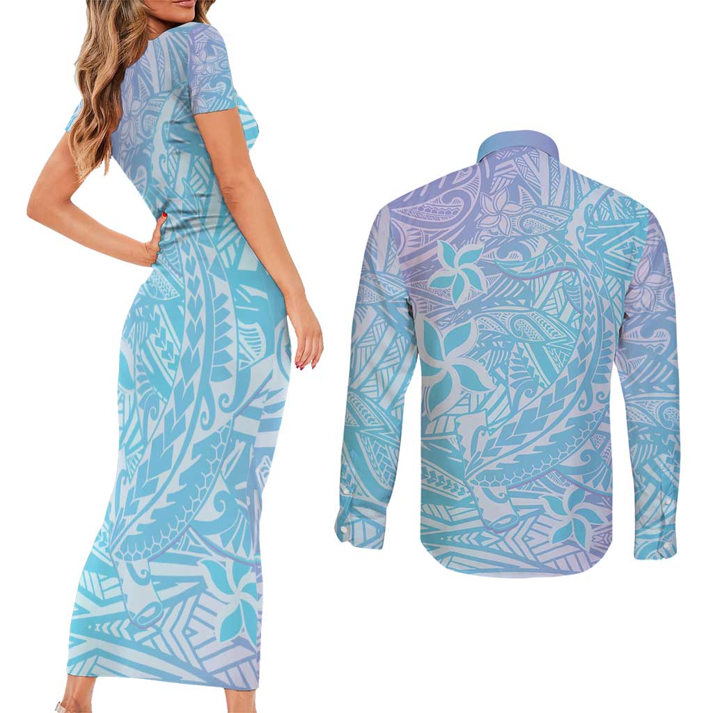 Baby Blue Gradient Polynesia Couples Matching Short Sleeve Bodycon Dress and Long Sleeve Button Shirt Hawaiian Tribal Hammerhead Shark Tattoo LT14 - Polynesian Pride