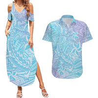 Baby Blue Gradient Polynesia Couples Matching Summer Maxi Dress and Hawaiian Shirt Hawaiian Tribal Hammerhead Shark Tattoo LT14 Baby Blue - Polynesian Pride