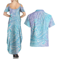 Baby Blue Gradient Polynesia Couples Matching Summer Maxi Dress and Hawaiian Shirt Hawaiian Tribal Hammerhead Shark Tattoo LT14 - Polynesian Pride
