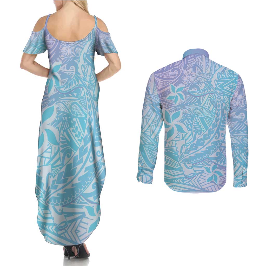 Baby Blue Gradient Polynesia Couples Matching Summer Maxi Dress and Long Sleeve Button Shirt Hawaiian Tribal Hammerhead Shark Tattoo