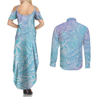 Baby Blue Gradient Polynesia Couples Matching Summer Maxi Dress and Long Sleeve Button Shirt Hawaiian Tribal Hammerhead Shark Tattoo